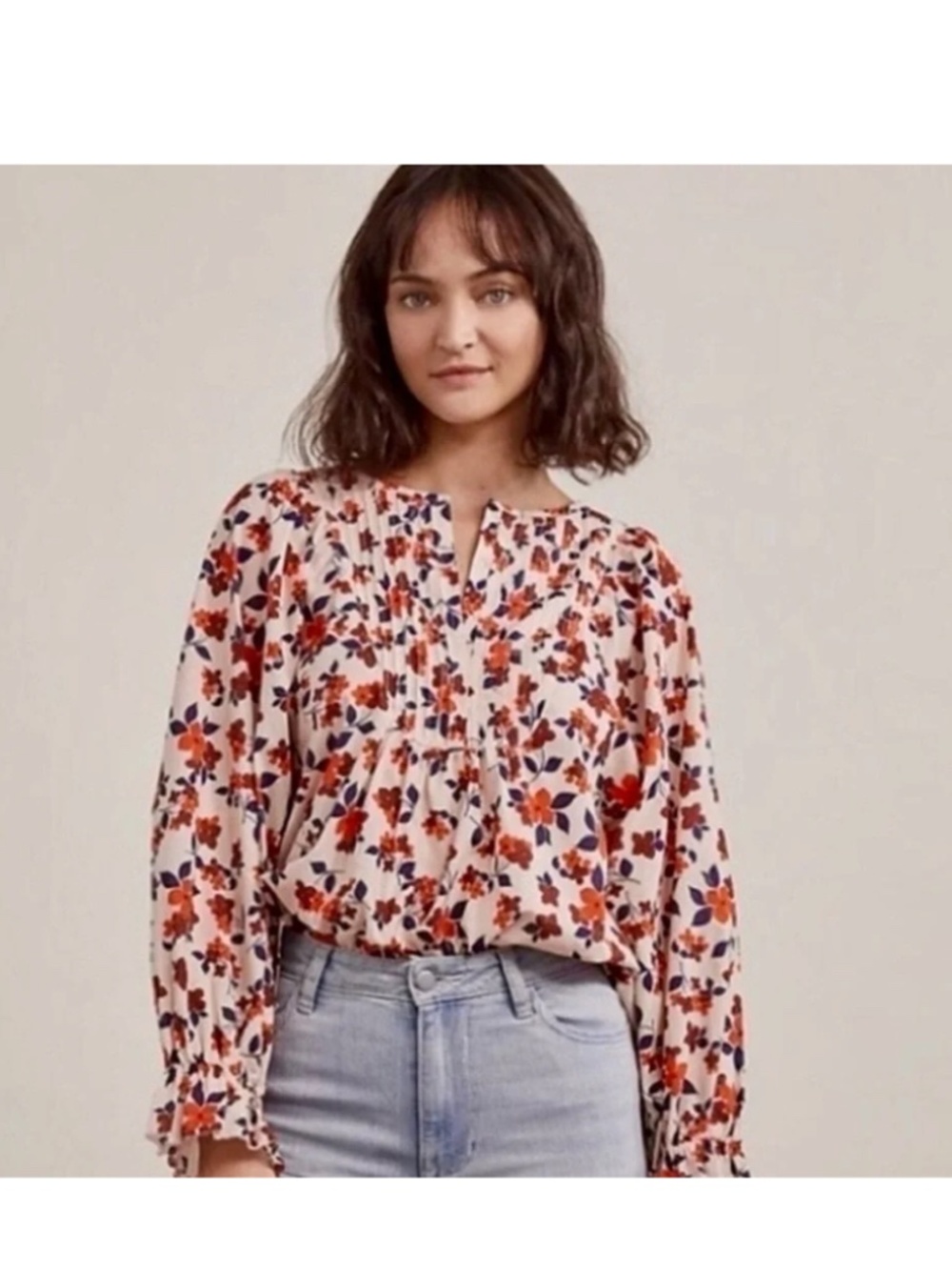 Elizabeth and James Floral Cotton Pintuck Peasant Blouse Medium Long Sleeves M
